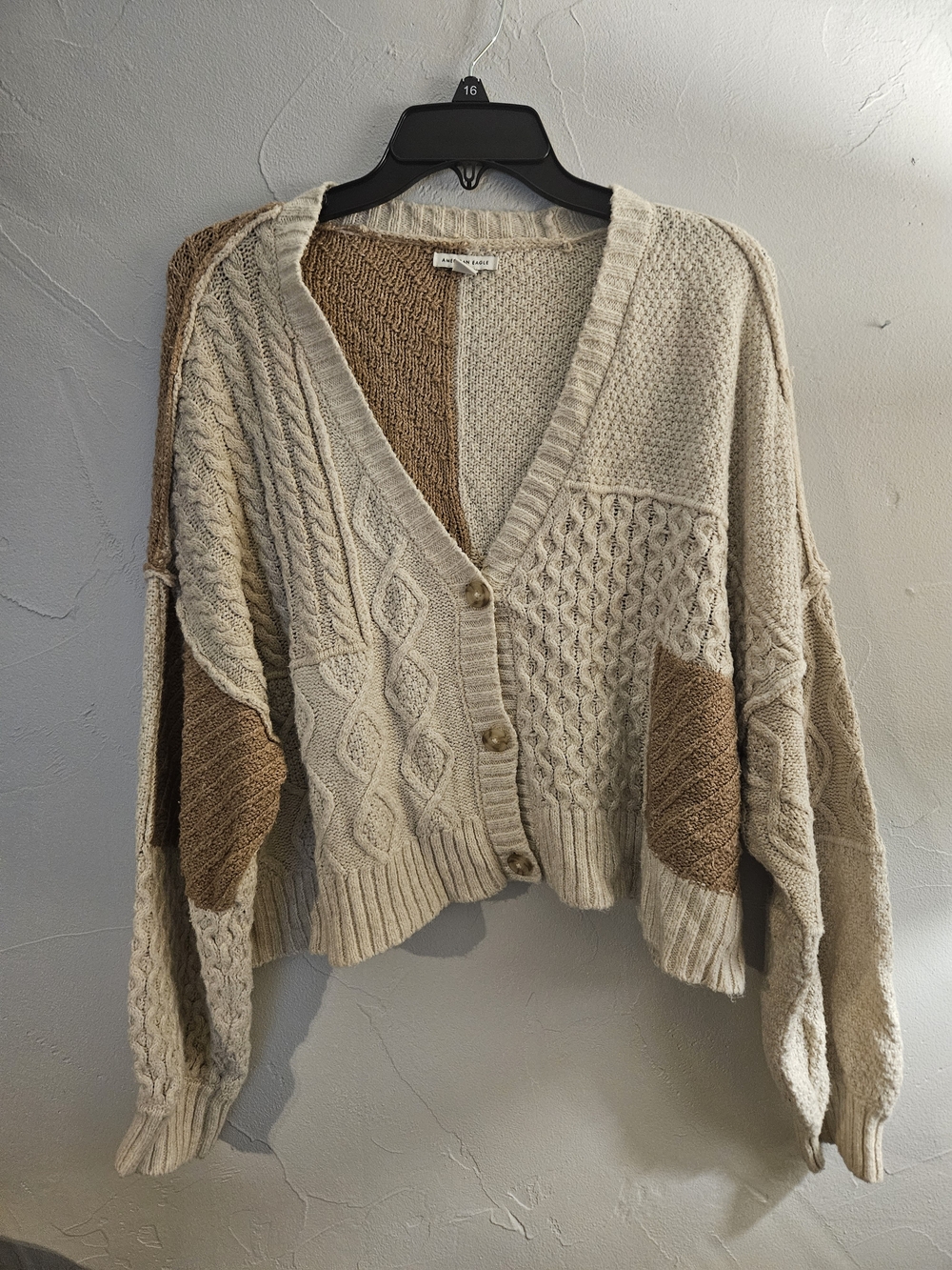 American Eagle Beige and Tan Patchwork Cable Knit Cardigan